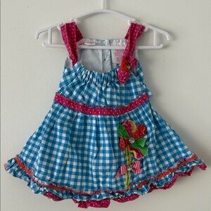 Younghearth Girls Blue Gingham Sundress with Pink Polka Dot Trim